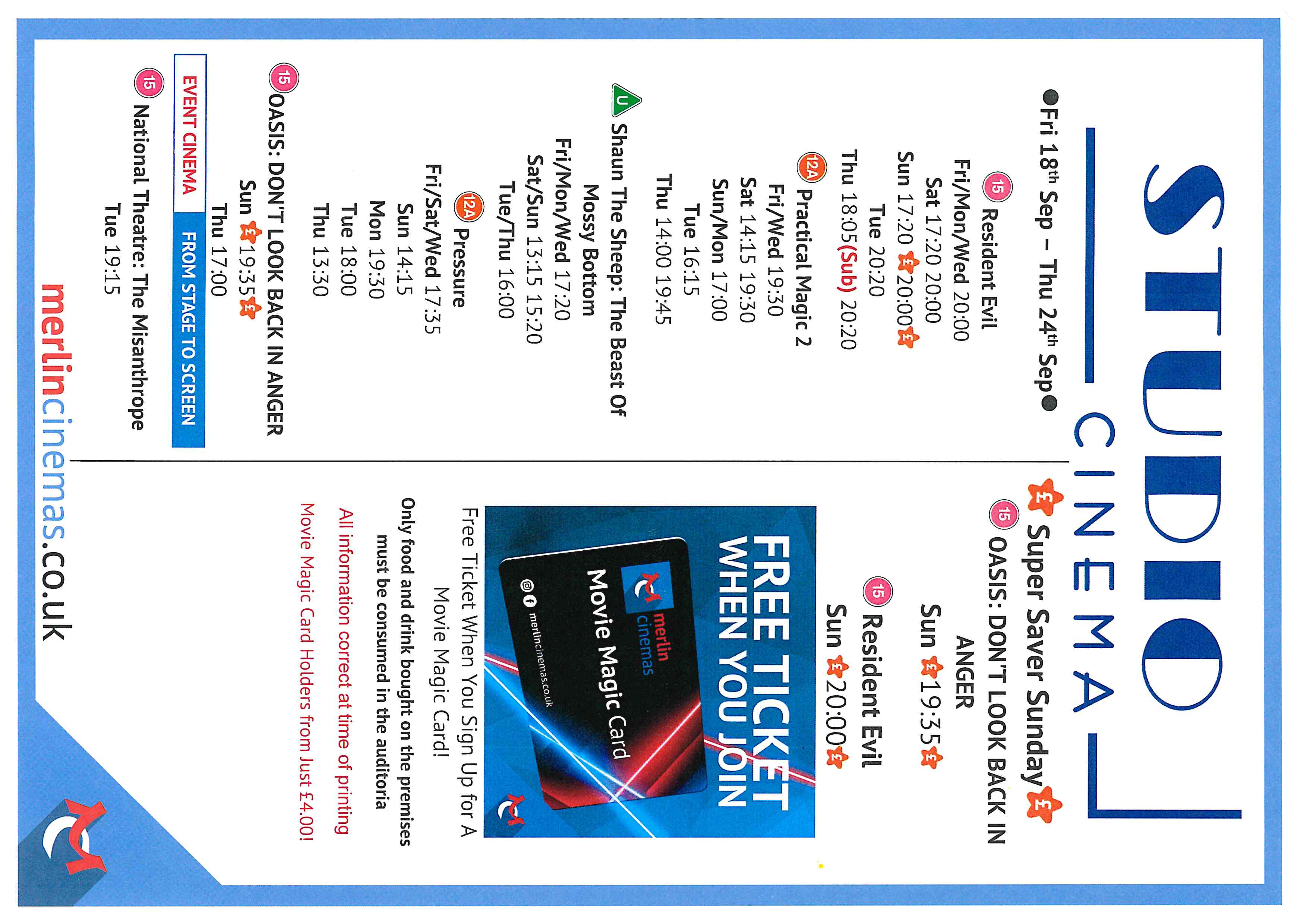 Studio Cinema Listings. 18th Sept - 24th Sept. www.merlincinemas.co.uk